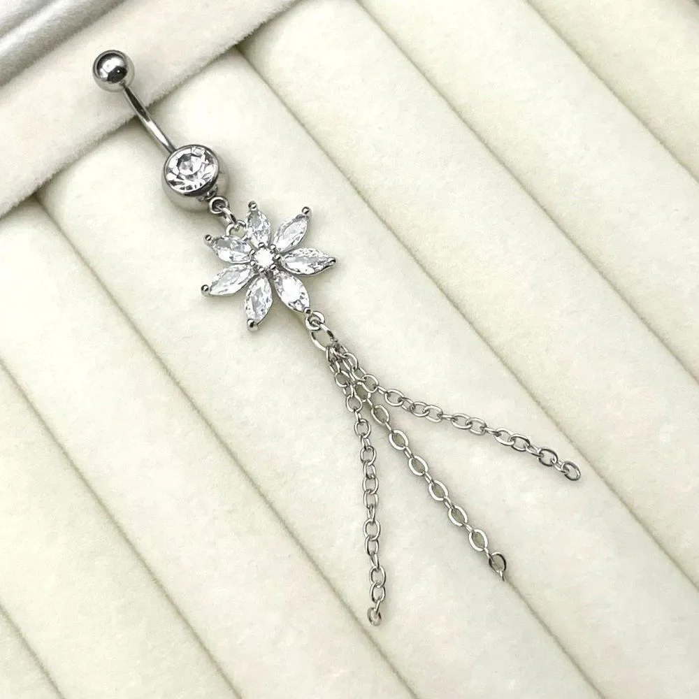 316L Stainless Steel with White Diamond Cubic Zirconia Flower 14G Belly Ring
